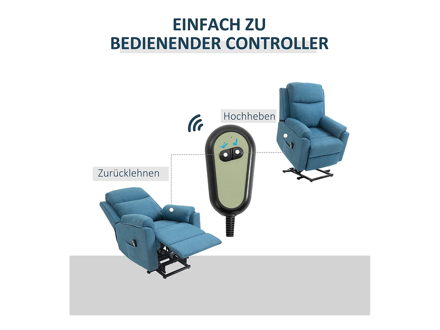 Fauteuil électrique avec fonction releveur, tissu lin, bleu (83x89x102cm)