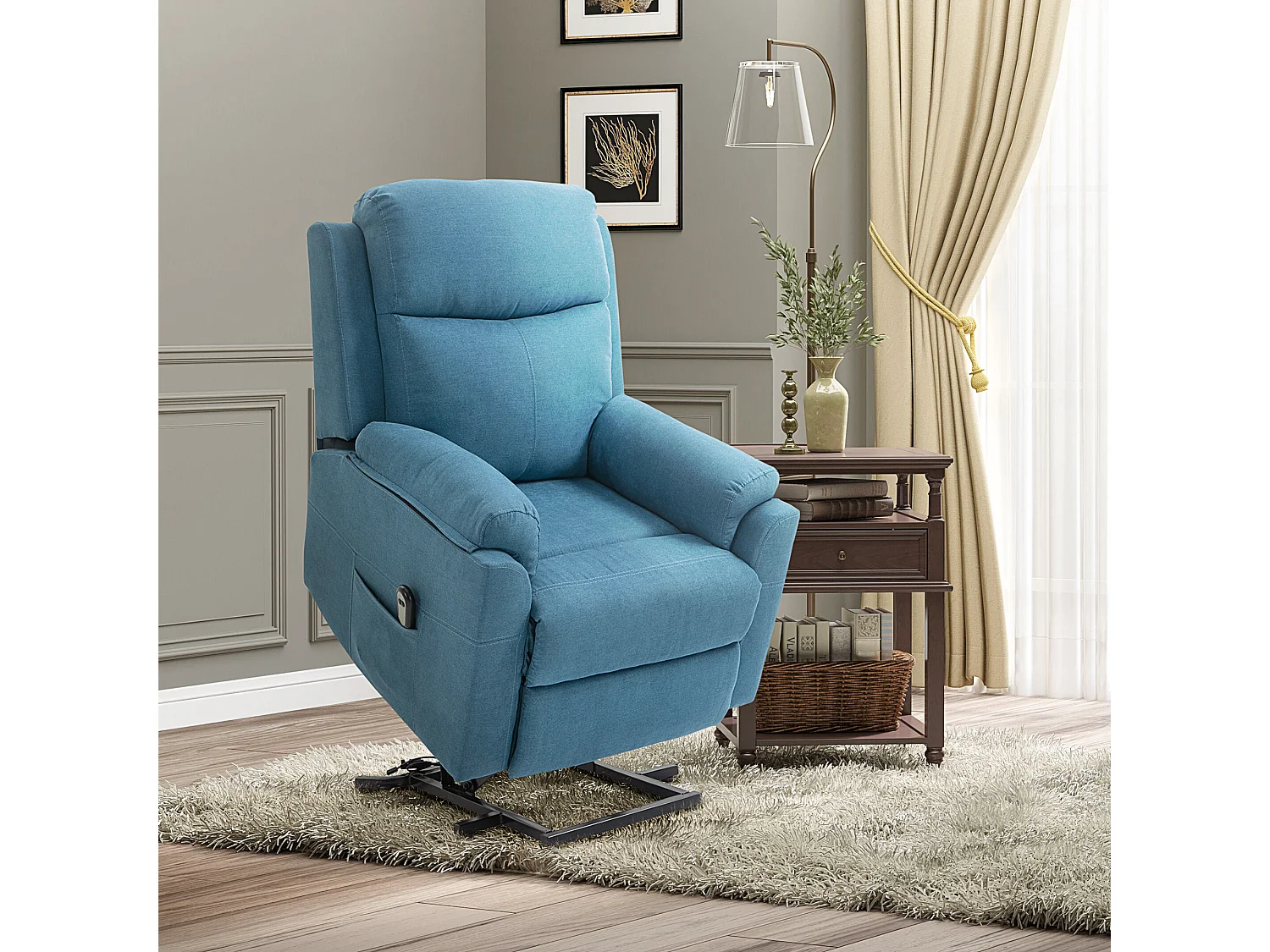 Elektrische relaxfauteuil met liftfunctie, linnen stof, blauw (83x89x102cm)