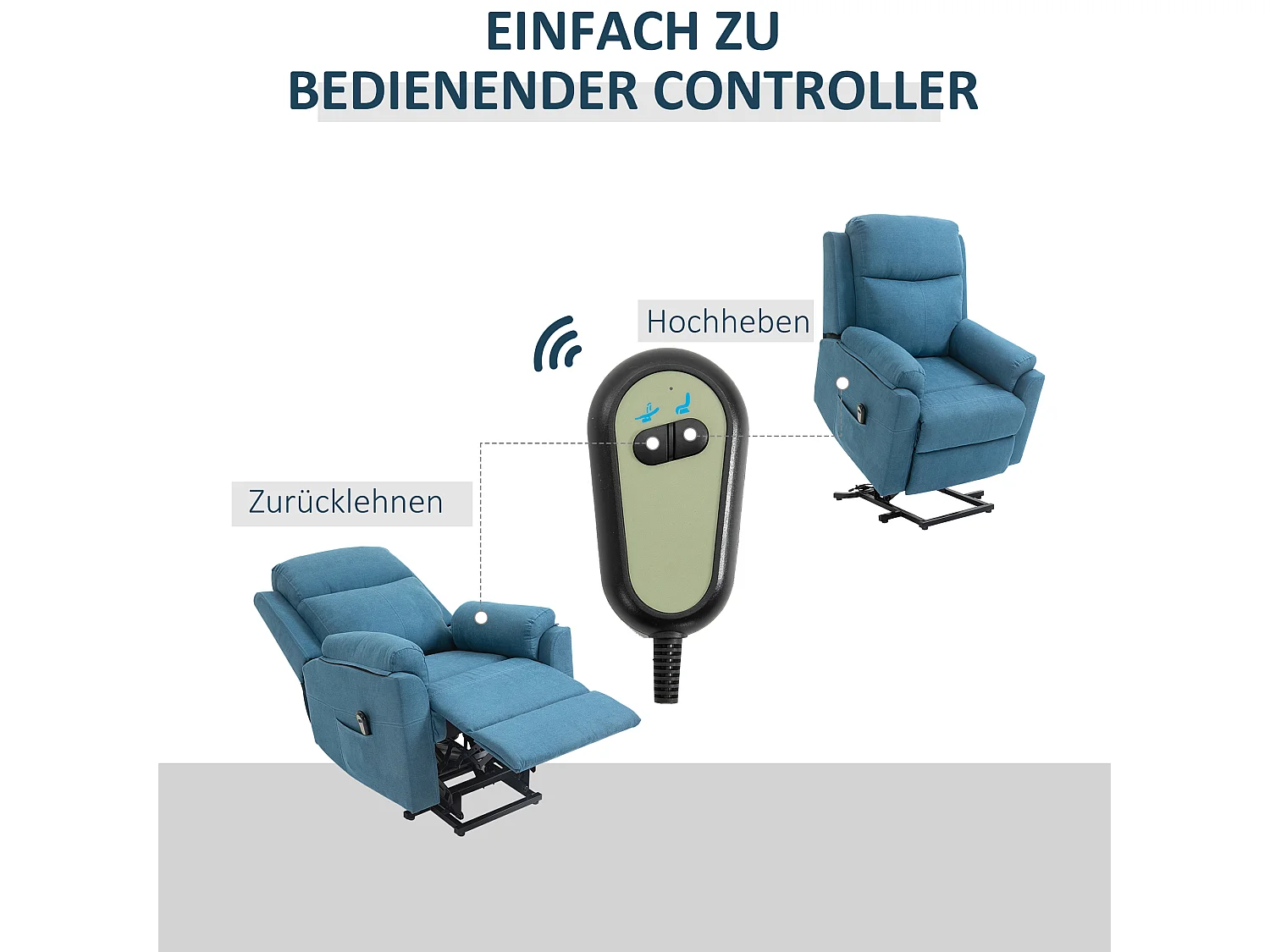 Elektrische relaxfauteuil met liftfunctie, linnen stof, blauw (83x89x102cm)