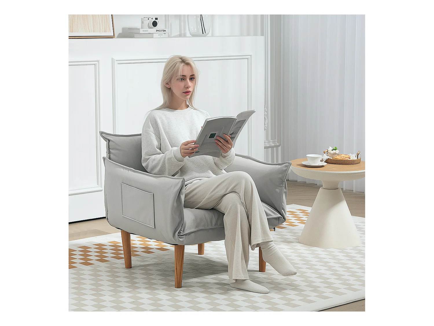 Fauteuil 2-en-1 avec dossier réglable, tissu en microfibre, jaune (75x68x78 cm)