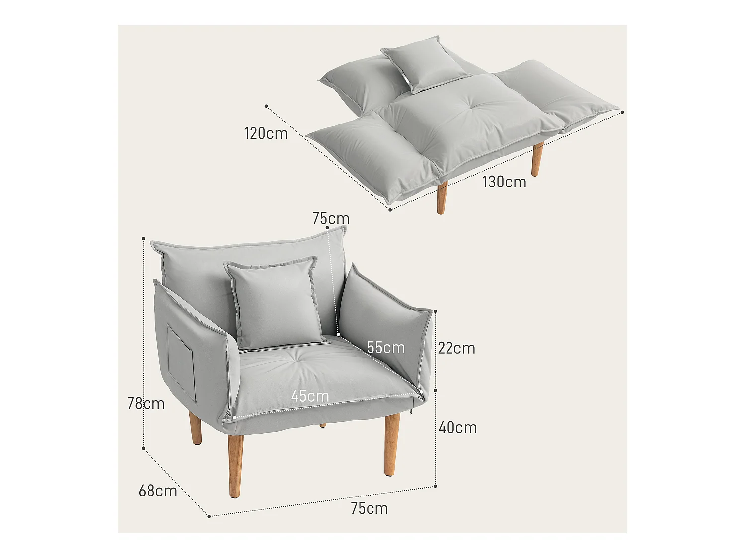 Fauteuil 2-en-1 avec dossier réglable, tissu en microfibre, jaune (75x68x78 cm)