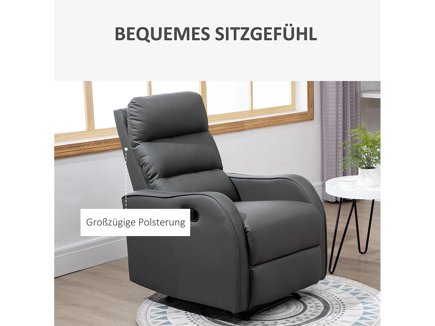 Fauteuil avec fonction pivotante, repose-pieds et porte-boissons, en microfibre, gris foncé (89x65x100 cm)