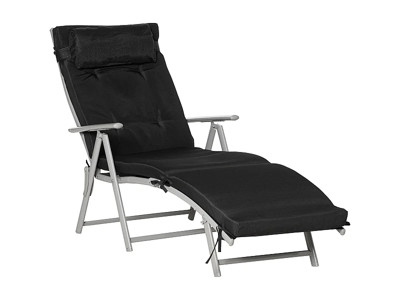 Opvouwbare loungestoel, 7 verstelbare standen, met kussen, in textiel, polyester en metaal, zwart (137x63,5x100,5 cm)