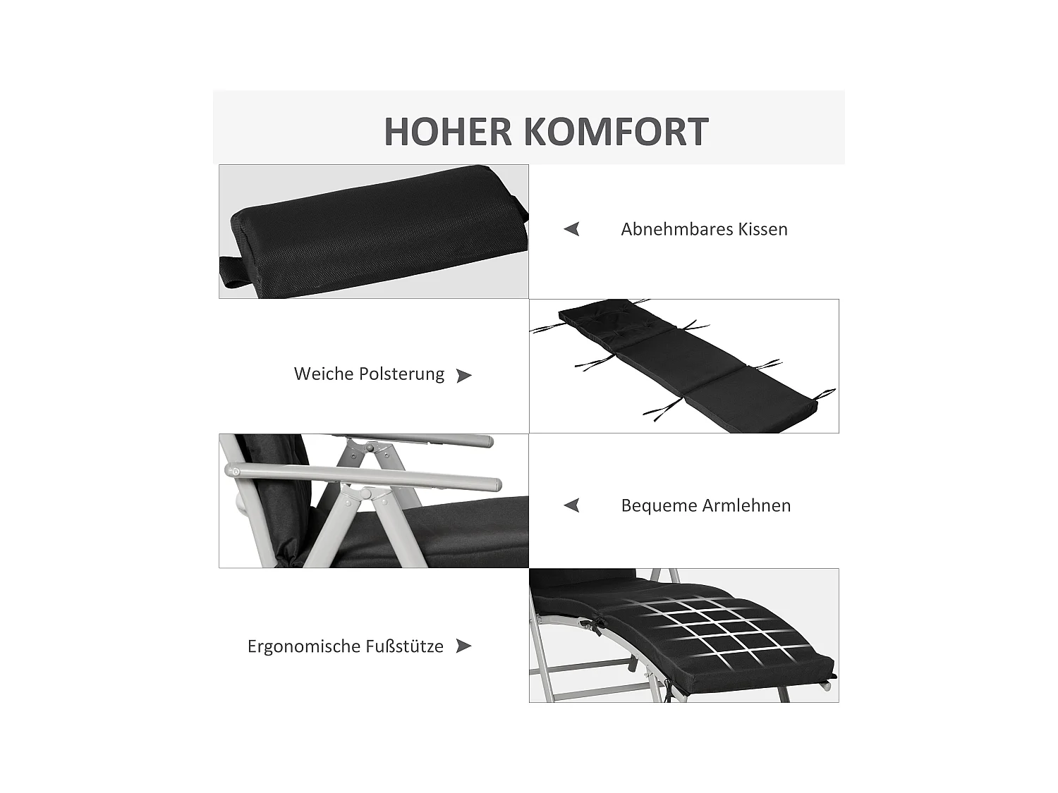 Chaise longue pliable, 7 positions réglables, avec coussin, en textilène, polyester et métal, noir (137x63.5x100.5 cm)