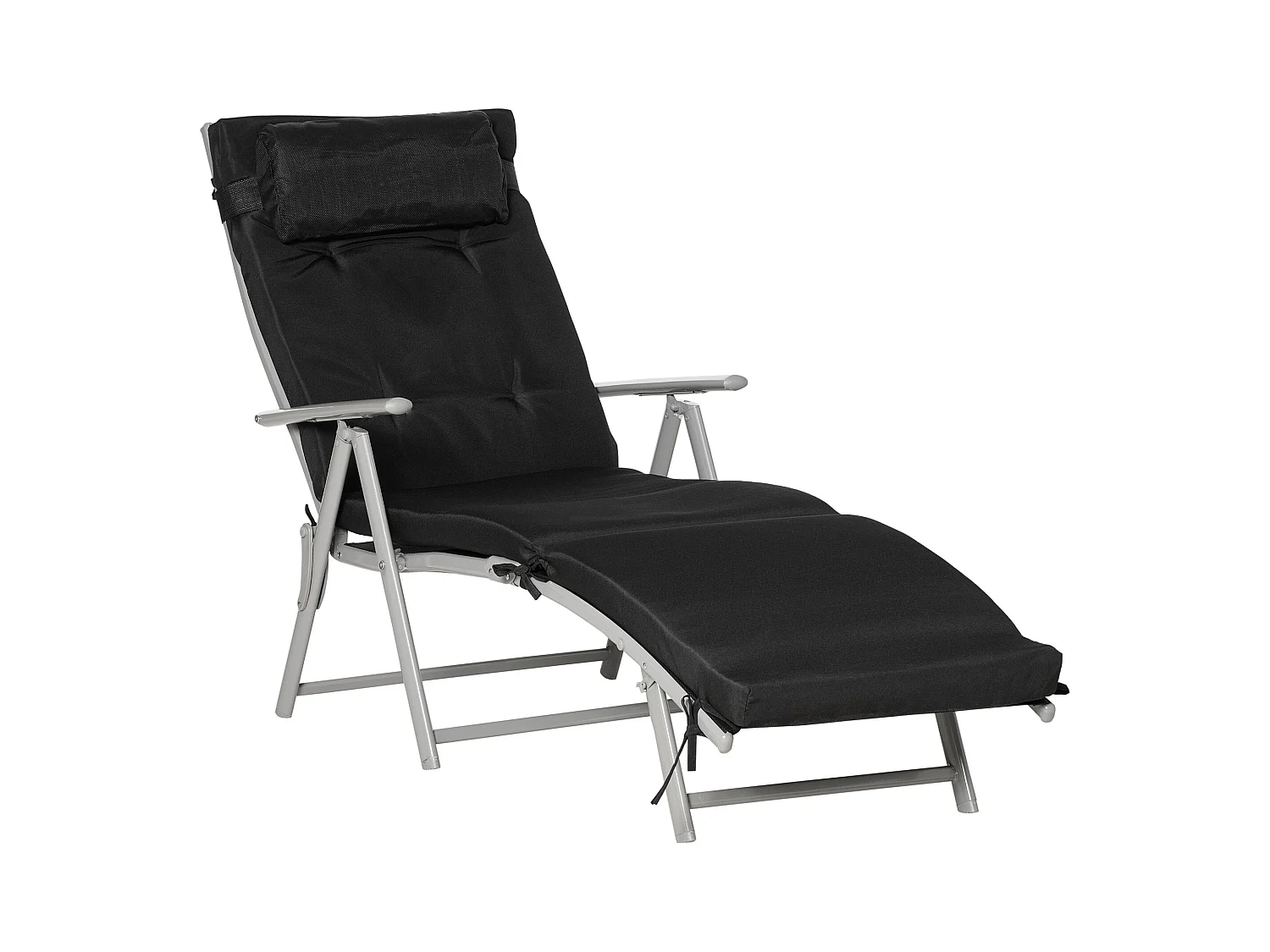 Sillón plegable, 7 posiciones regulables, con cojín, en textilene, poliéster y metal, color negro (137x63,5x100,5 cm)