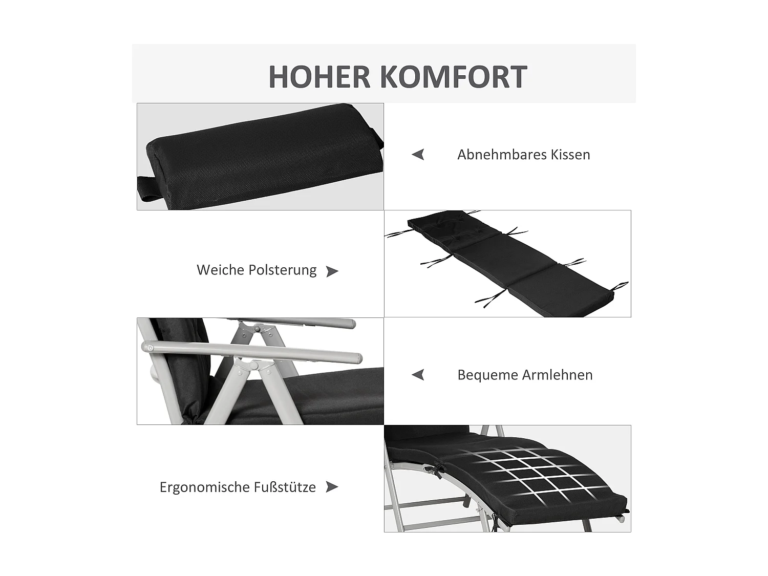 Poltrona pieghevole, regolabile in 7 posizioni, con cuscino, in textilene, poliestere e metallo, nera (137x63,5x100,5 cm)