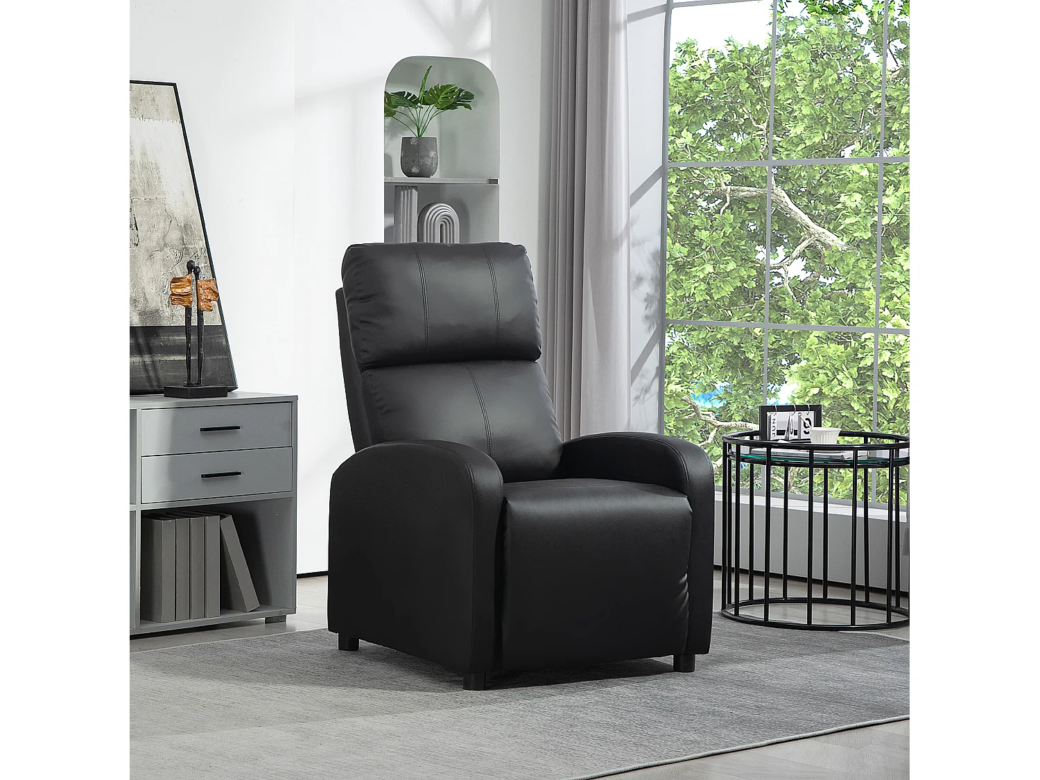 Relaxzetel met ligfunctie, zwarte imitatielederen, ergonomische houten stoel, voor woonkamer en ontspanning (69,5x89,5x104,5 cm) ###