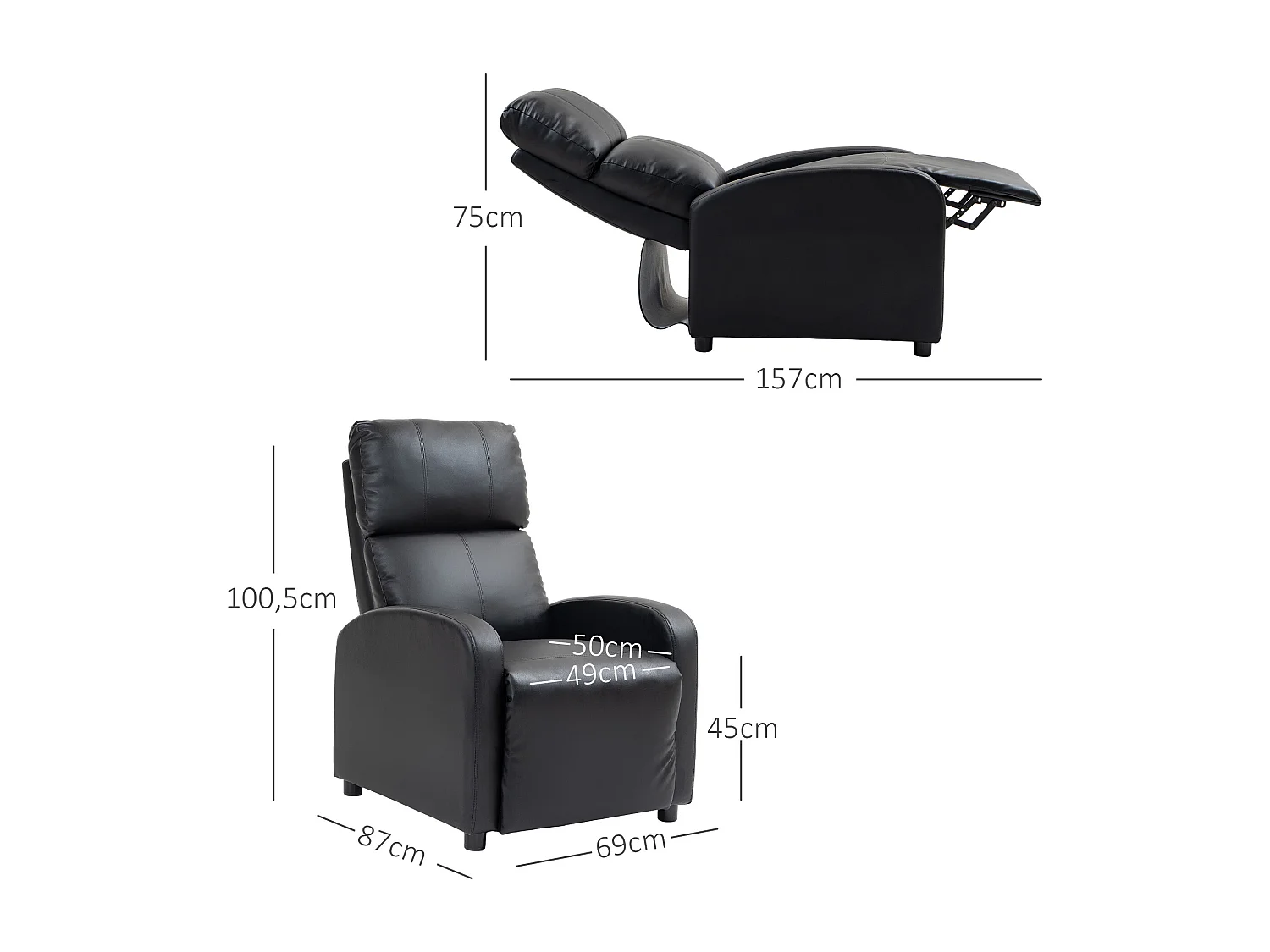 Relaxzetel met ligfunctie, zwarte imitatielederen, ergonomische houten stoel, voor woonkamer en ontspanning (69,5x89,5x104,5 cm) ###