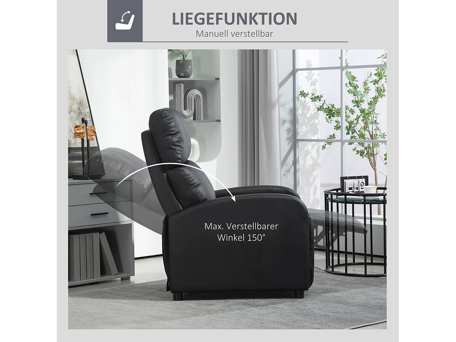 Relaxzetel met ligfunctie, zwarte imitatielederen, ergonomische houten stoel, voor woonkamer en ontspanning (69,5x89,5x104,5 cm) ###