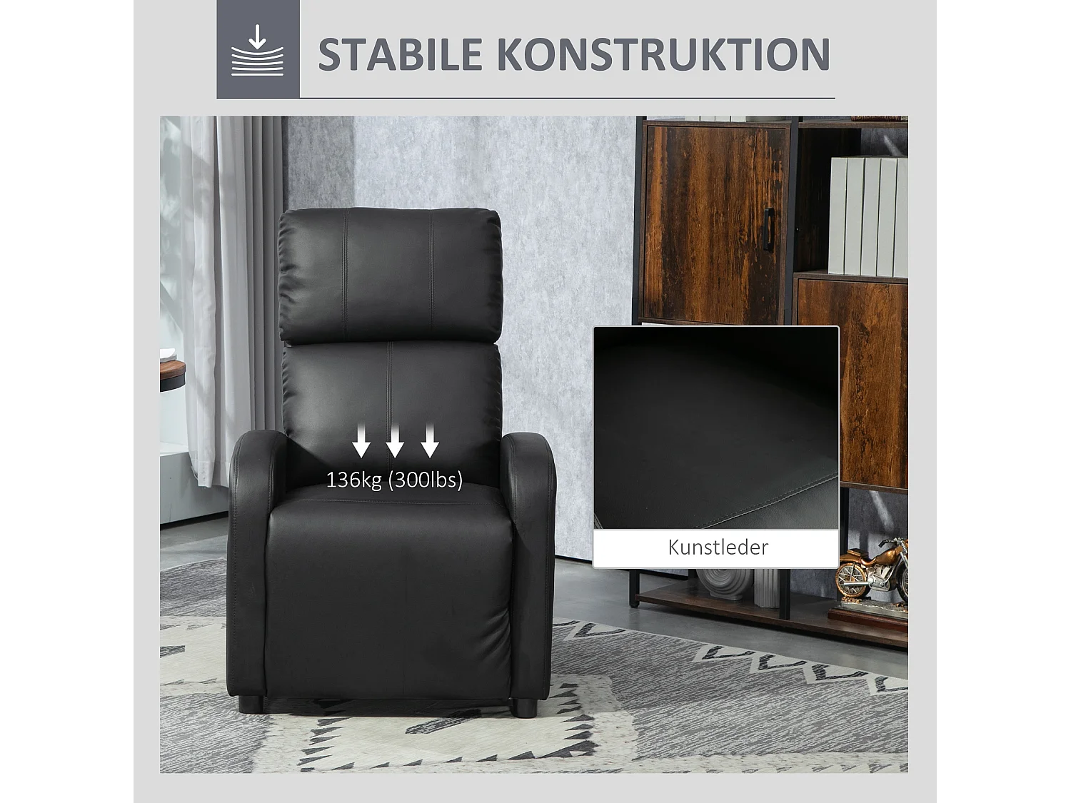 Relaxzetel met ligfunctie, zwarte imitatielederen, ergonomische houten stoel, voor woonkamer en ontspanning (69,5x89,5x104,5 cm) ###