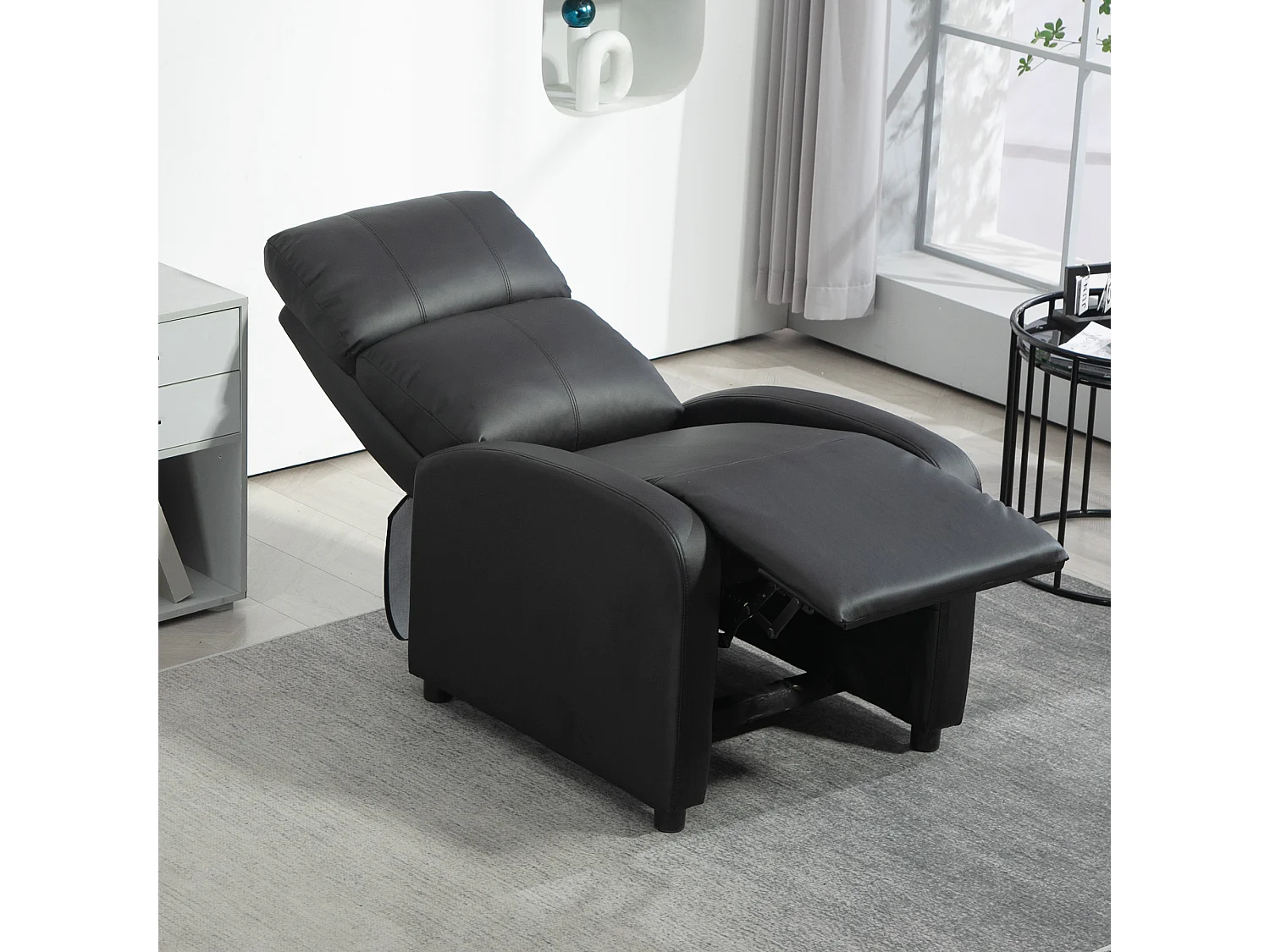 Relaxzetel met ligfunctie, zwarte imitatielederen, ergonomische houten stoel, voor woonkamer en ontspanning (69,5x89,5x104,5 cm) ###