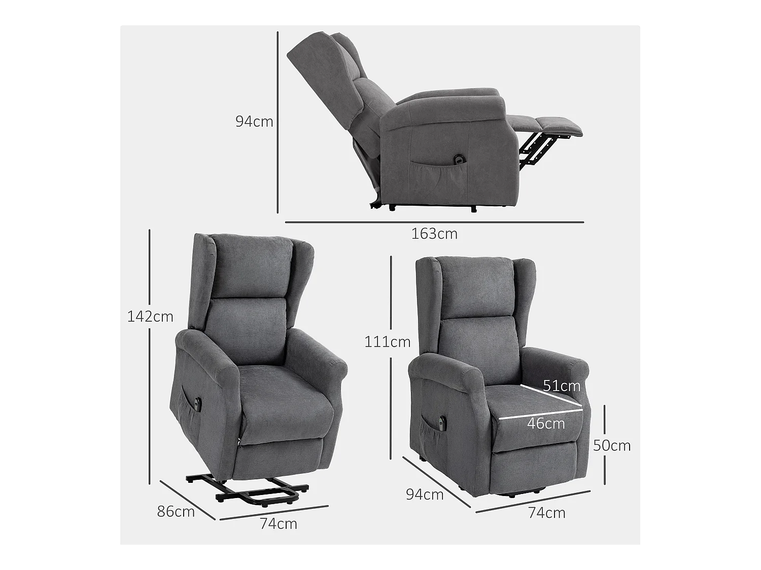 Fauteuil de relaxation avec fonction de levée, fonction inclinable, tissu en lin, Noir (74x94x111 cm)