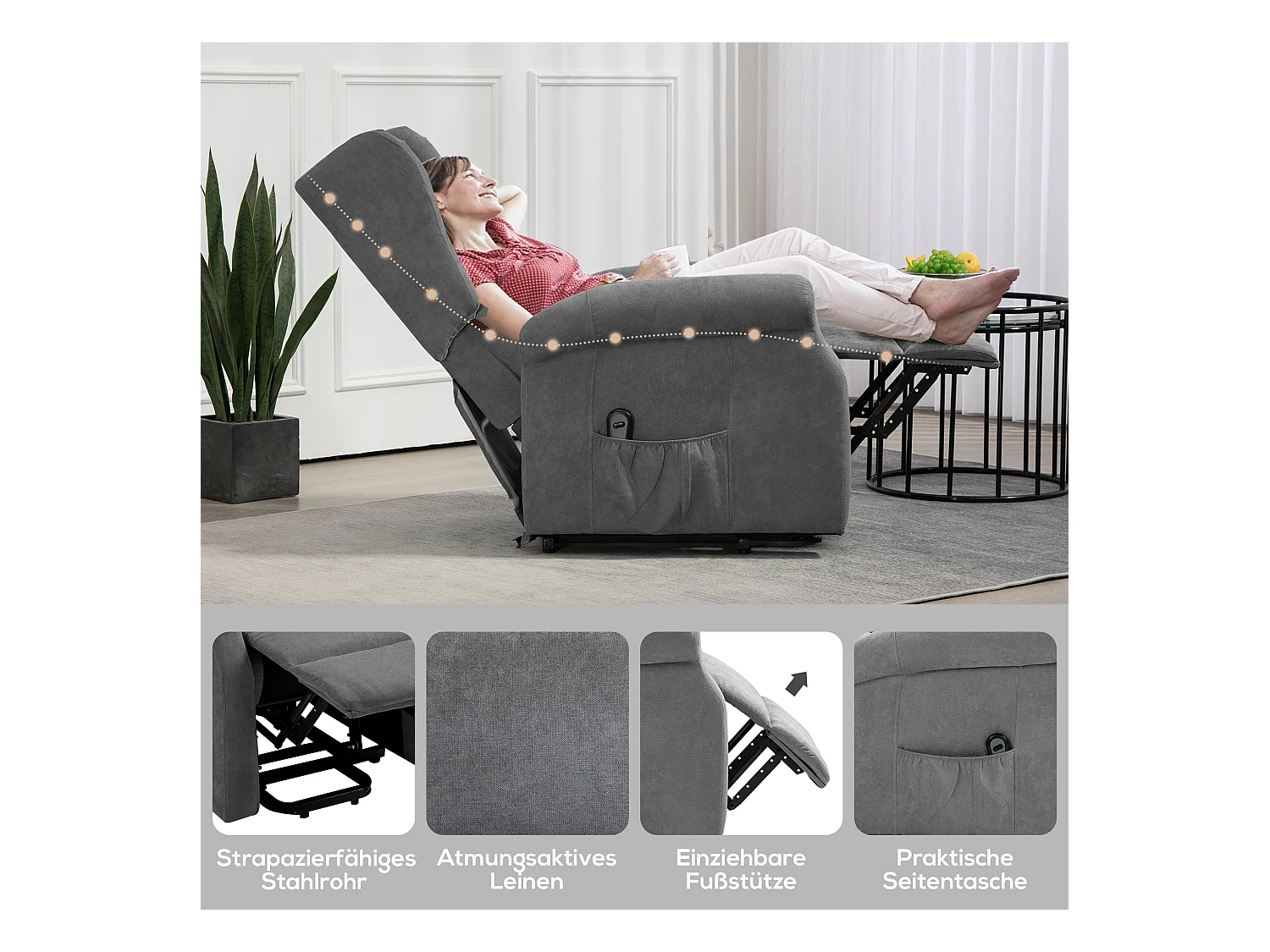 Fauteuil de relaxation avec fonction de levée, fonction inclinable, tissu en lin, Noir (74x94x111 cm)