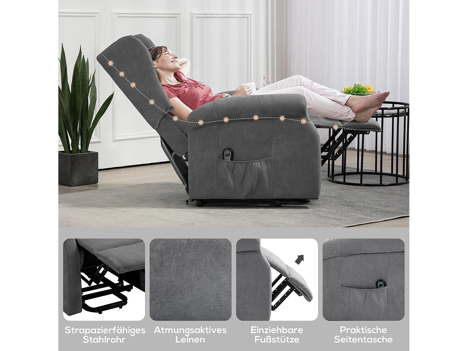 Fauteuil de relaxation avec fonction de levée, fonction inclinable, tissu en lin, Noir (74x94x111 cm)