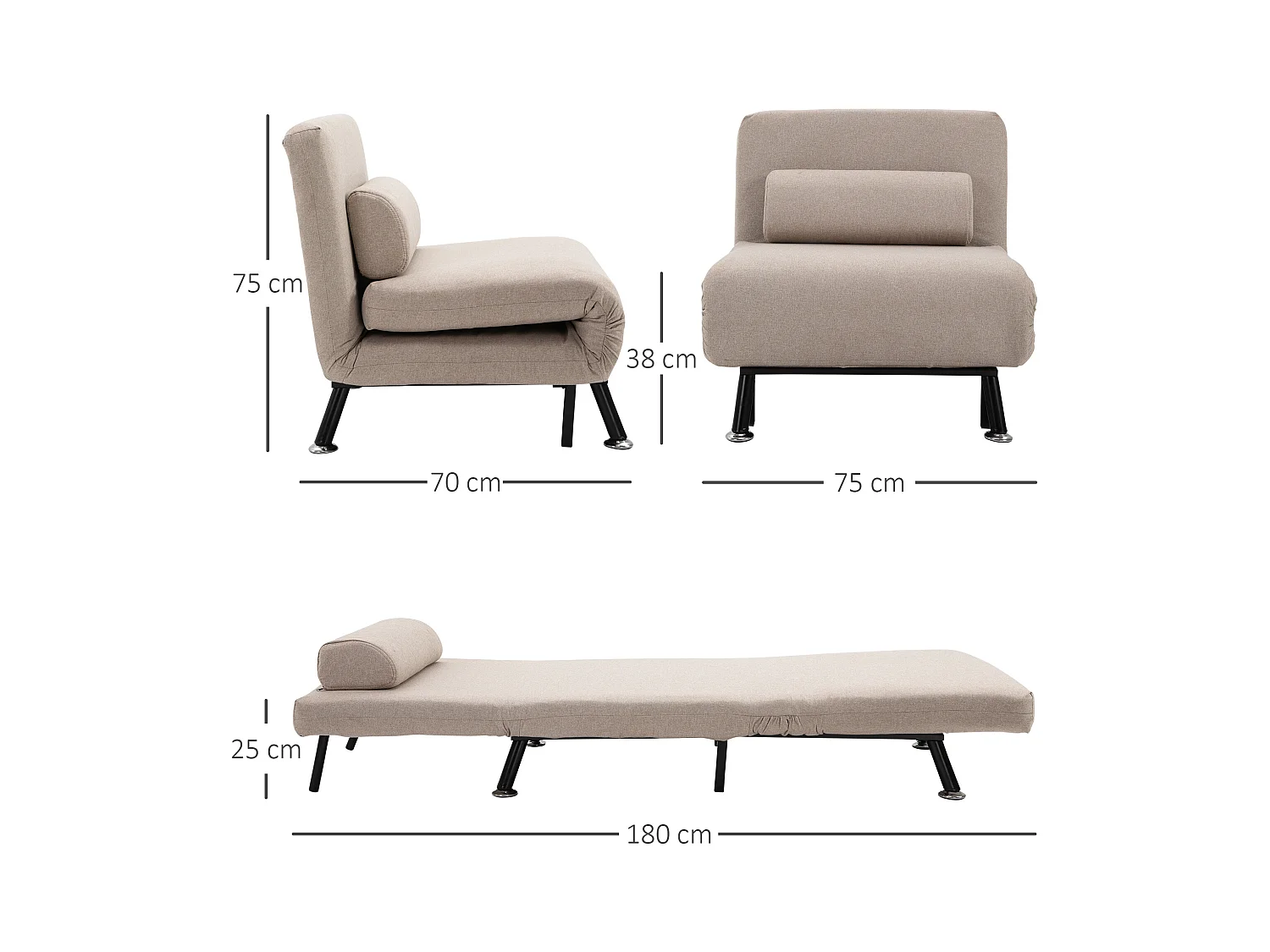 Sessel avec fonction lit, Klappbarer Relaxsessel, Verstellbare Rückenlehne, Polyester, Beige (75x70x75 cm)