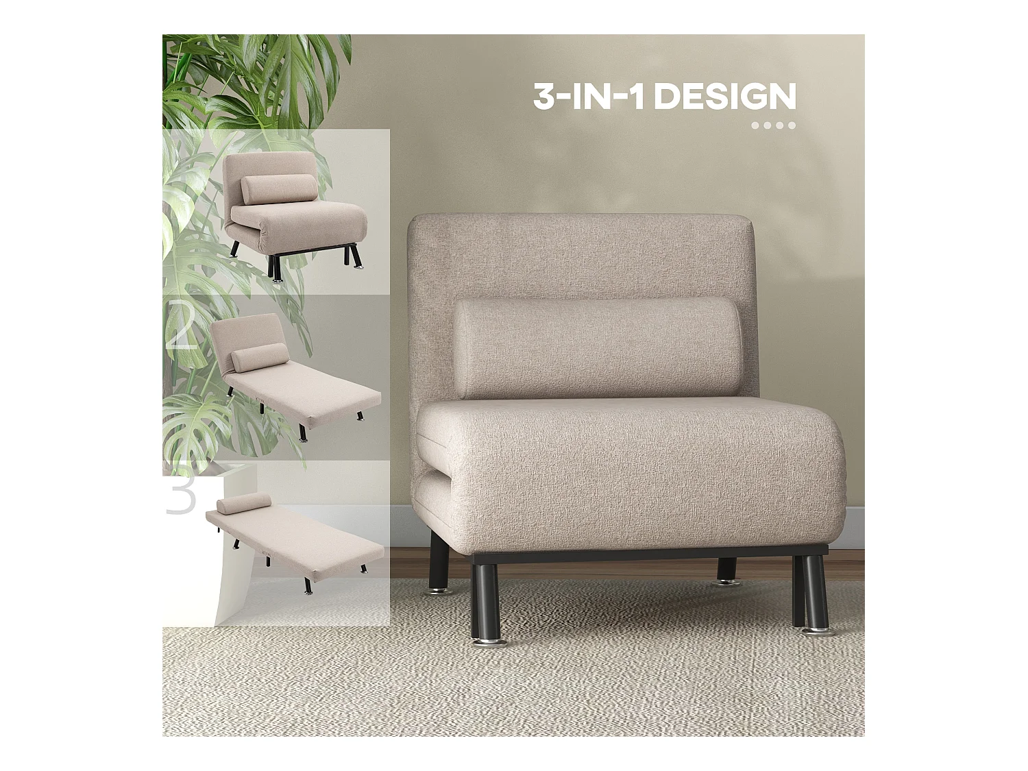 Sessel avec fonction lit, Klappbarer Relaxsessel, Verstellbare Rückenlehne, Polyester, Beige (75x70x75 cm)