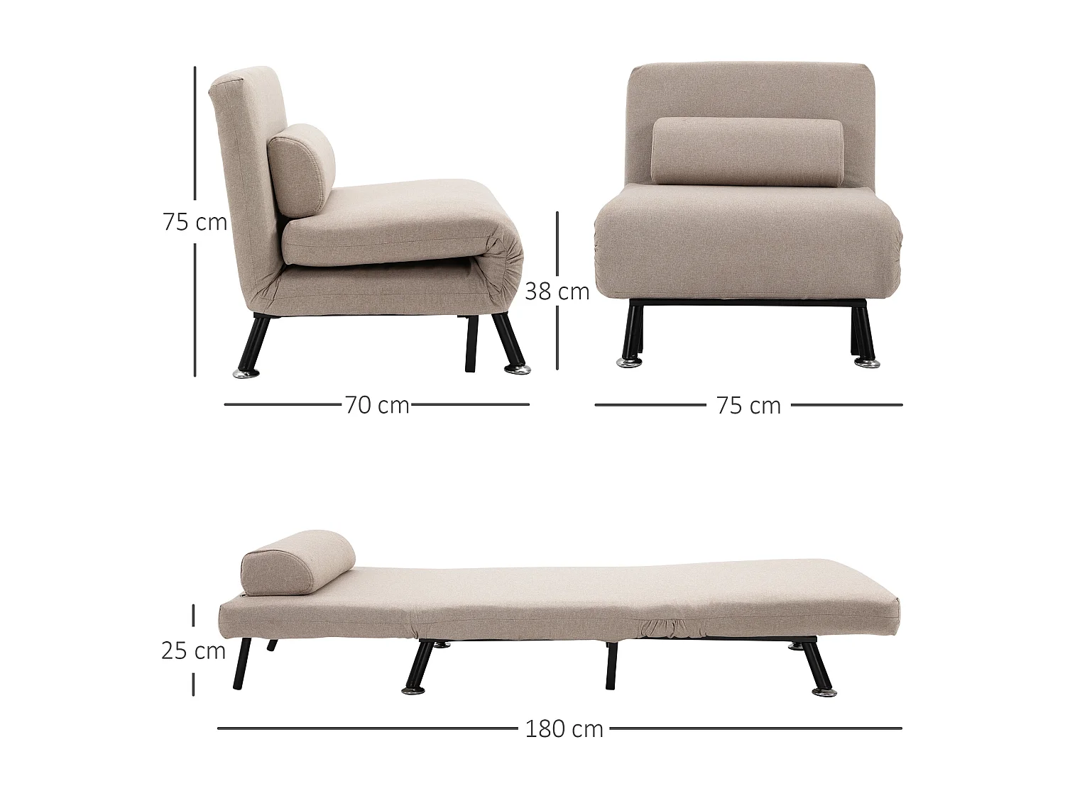 Sessel avec fonction lit, Klappbarer Relaxsessel, Verstellbare Rückenlehne, Polyester, Beige (75x70x75 cm)