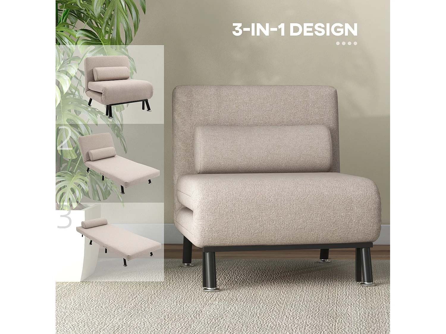 Sessel avec fonction lit, Klappbarer Relaxsessel, Verstellbare Rückenlehne, Polyester, Beige (75x70x75 cm)