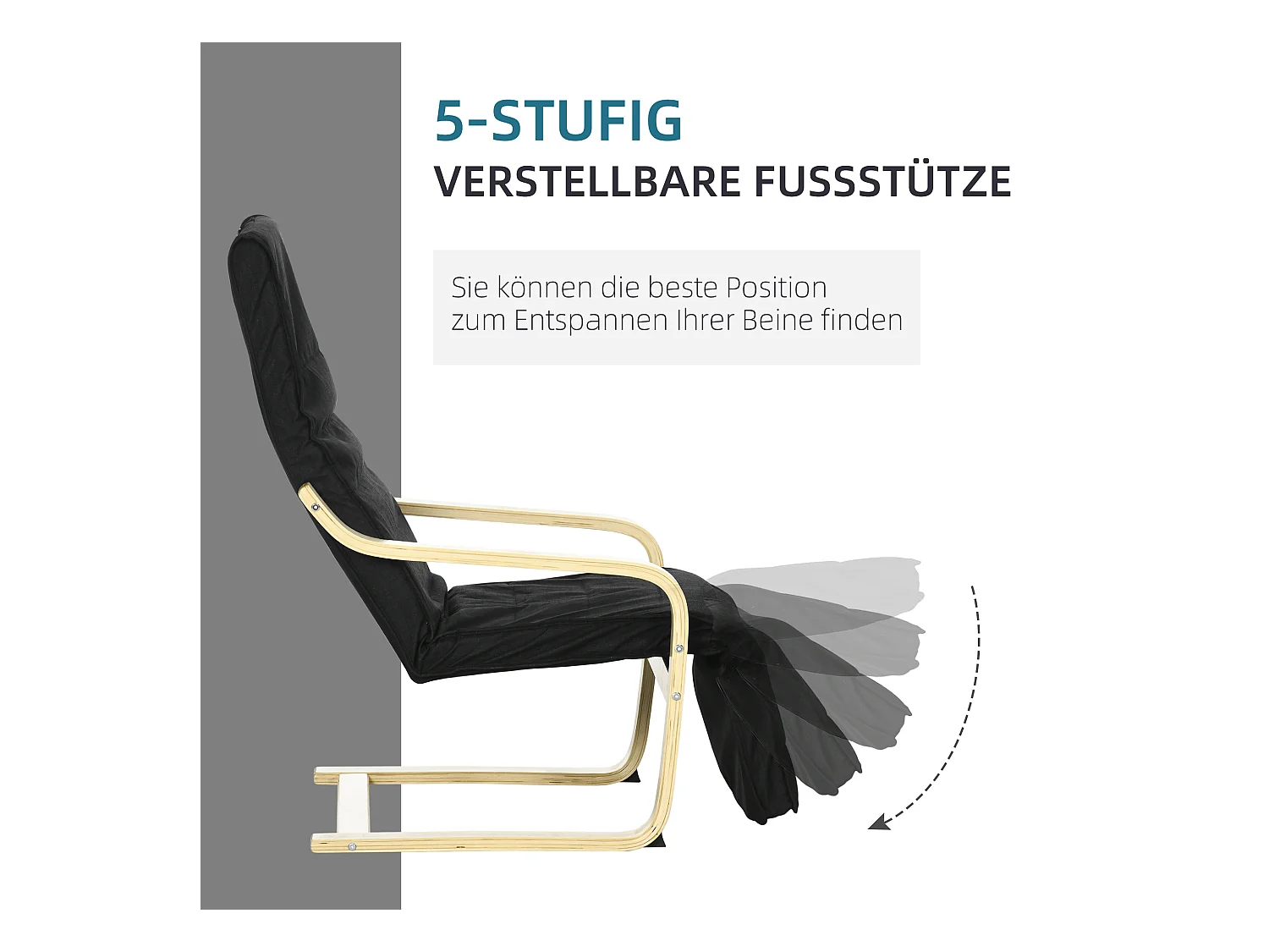 Fauteuil pivotant avec repose-pieds réglable, tissu lin, bois de bouleau, noir (66.5x94x100 cm)