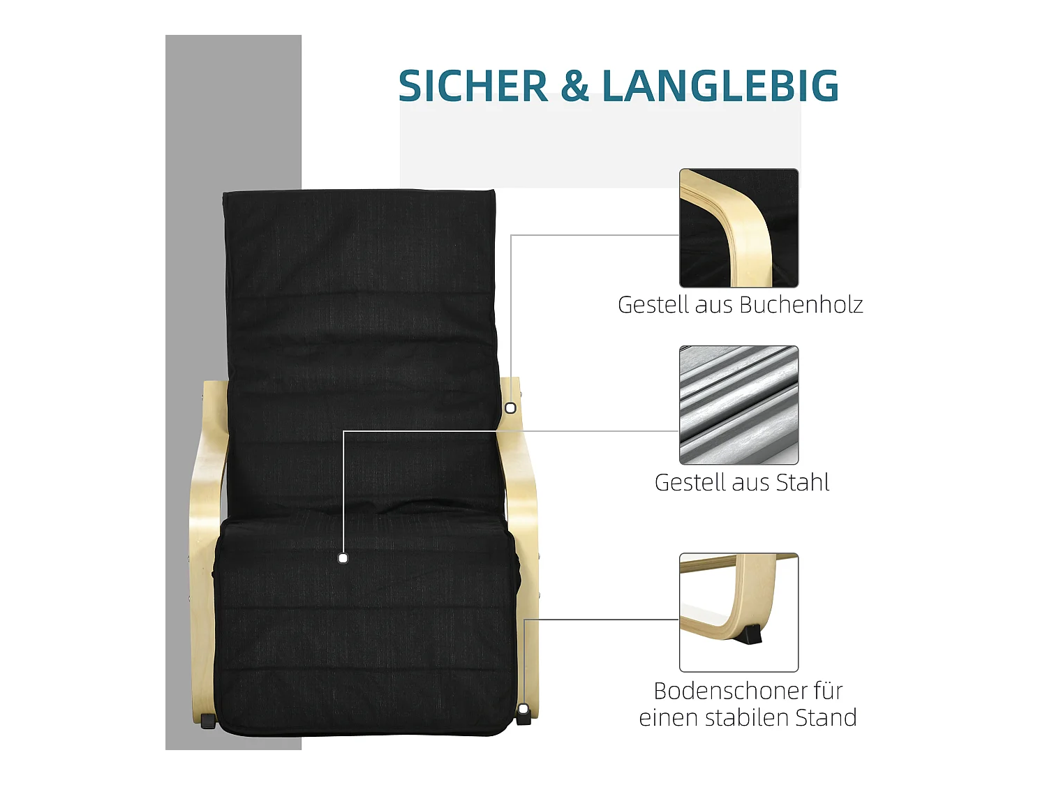 Fauteuil pivotant avec repose-pieds réglable, tissu lin, bois de bouleau, noir (66.5x94x100 cm)