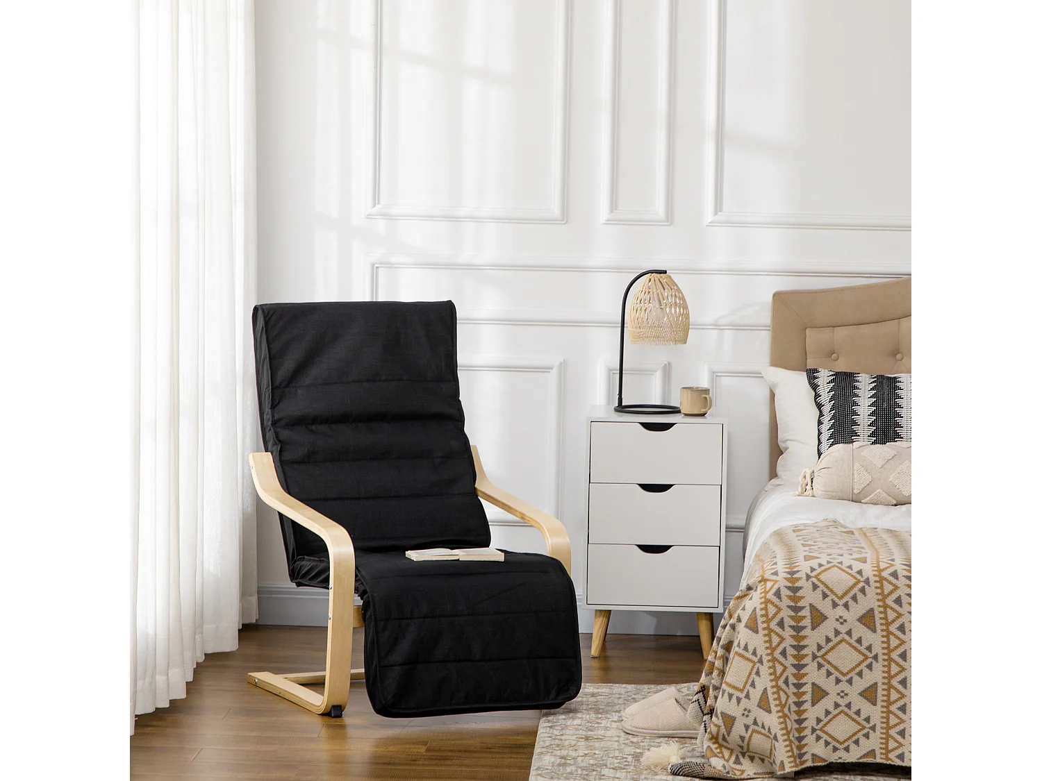 Fauteuil pivotant avec repose-pieds réglable, tissu lin, bois de bouleau, noir (66.5x94x100 cm)