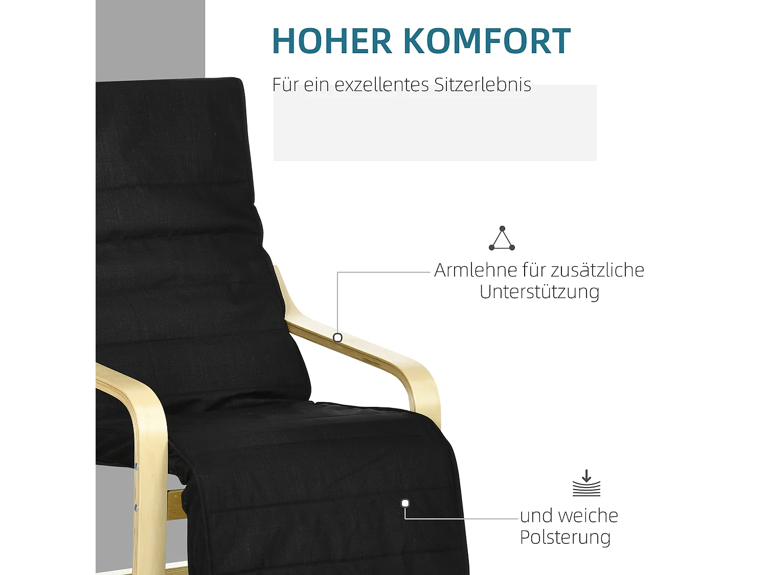 Fauteuil pivotant avec repose-pieds réglable, tissu lin, bois de bouleau, noir (66.5x94x100 cm)