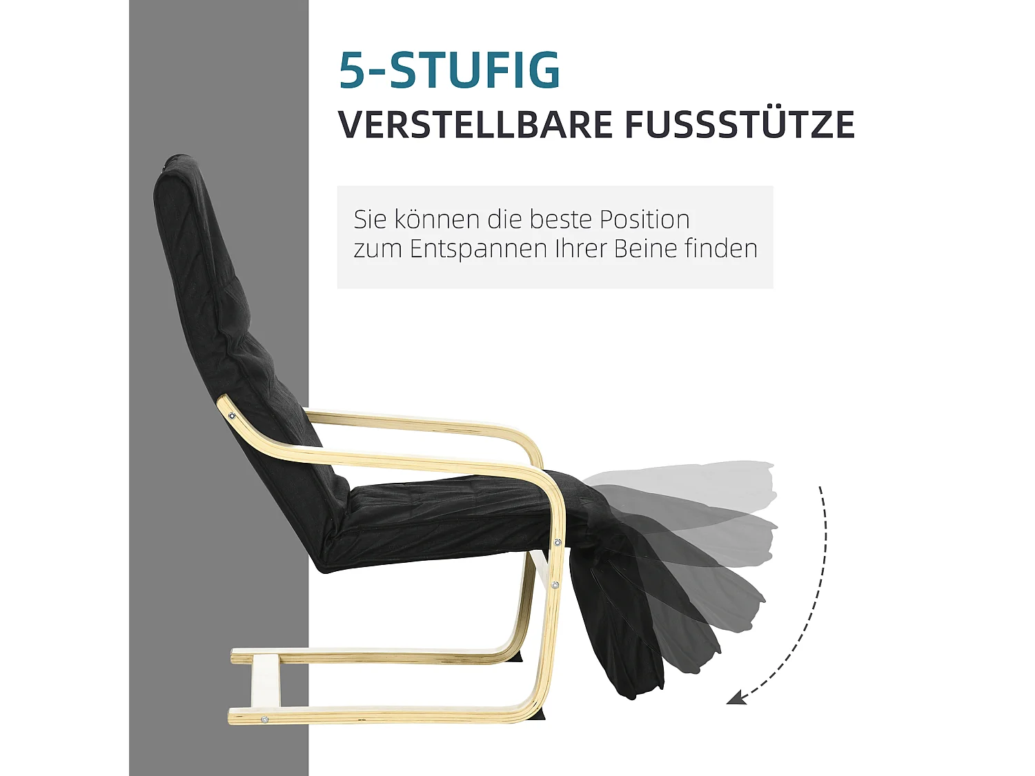 Fauteuil pivotant avec repose-pieds réglable, tissu lin, bois de bouleau, noir (66.5x94x100 cm)