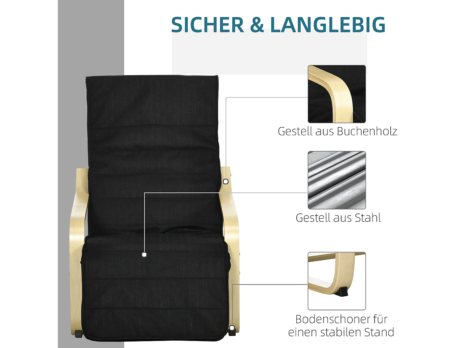 Fauteuil pivotant avec repose-pieds réglable, tissu lin, bois de bouleau, noir (66.5x94x100 cm)