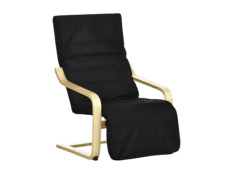 Fauteuil pivotant avec repose-pieds réglable, tissu lin, bois de bouleau, noir (66.5x94x100 cm)