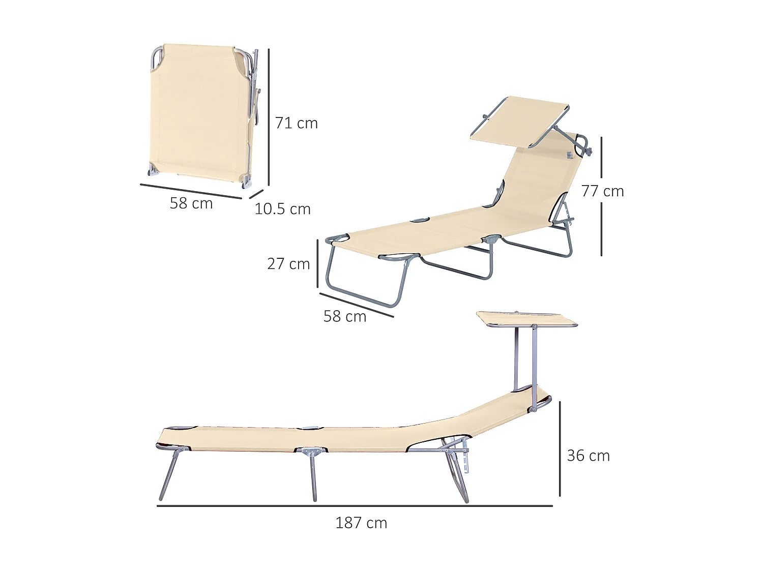 Chaise longue pliable avec pare-soleil, métal, beige (187x58x36cm)