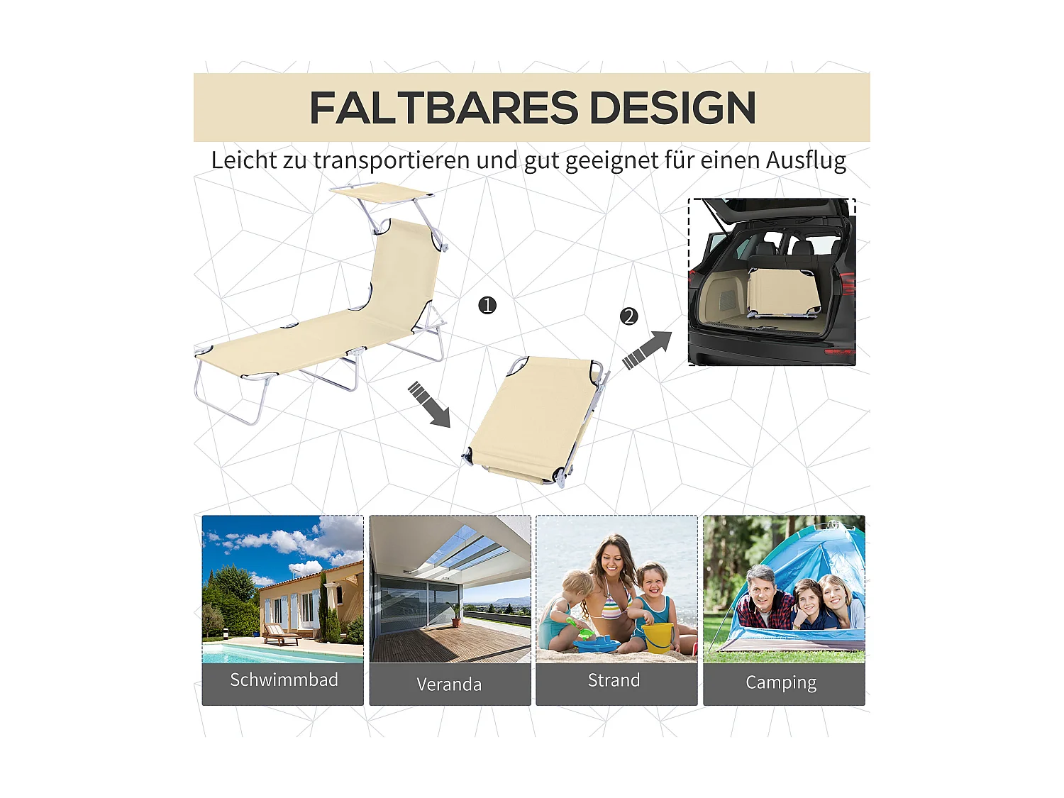 Chaise longue pliable avec pare-soleil, métal, beige (187x58x36cm)