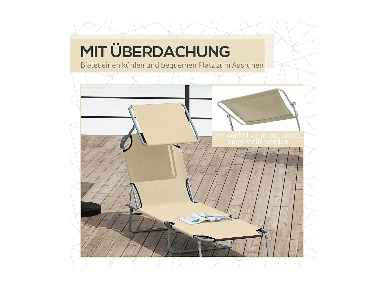 Chaise longue pliable avec pare-soleil, métal, beige (187x58x36cm)