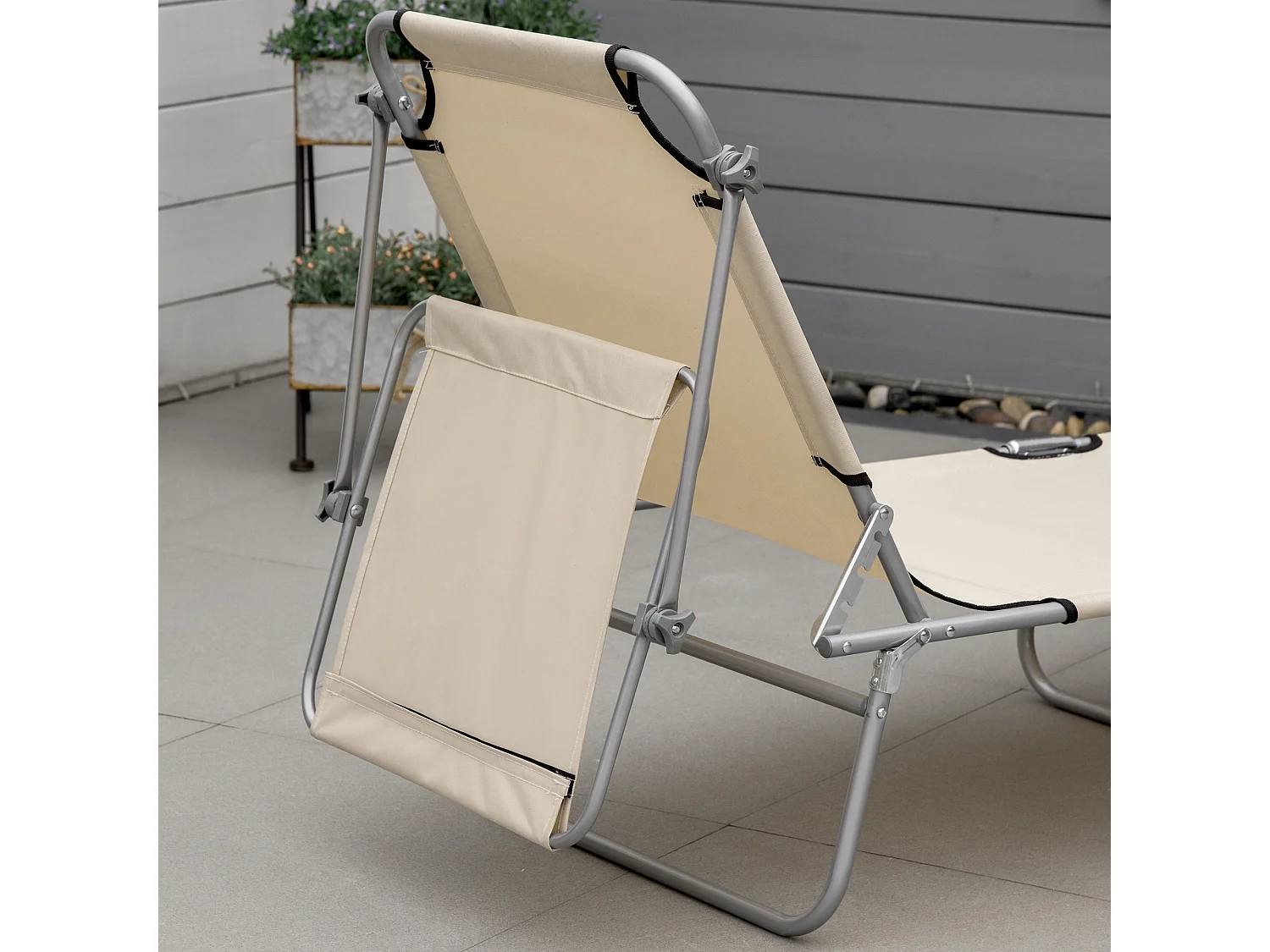 Chaise longue pliable avec pare-soleil, métal, beige (187x58x36cm)