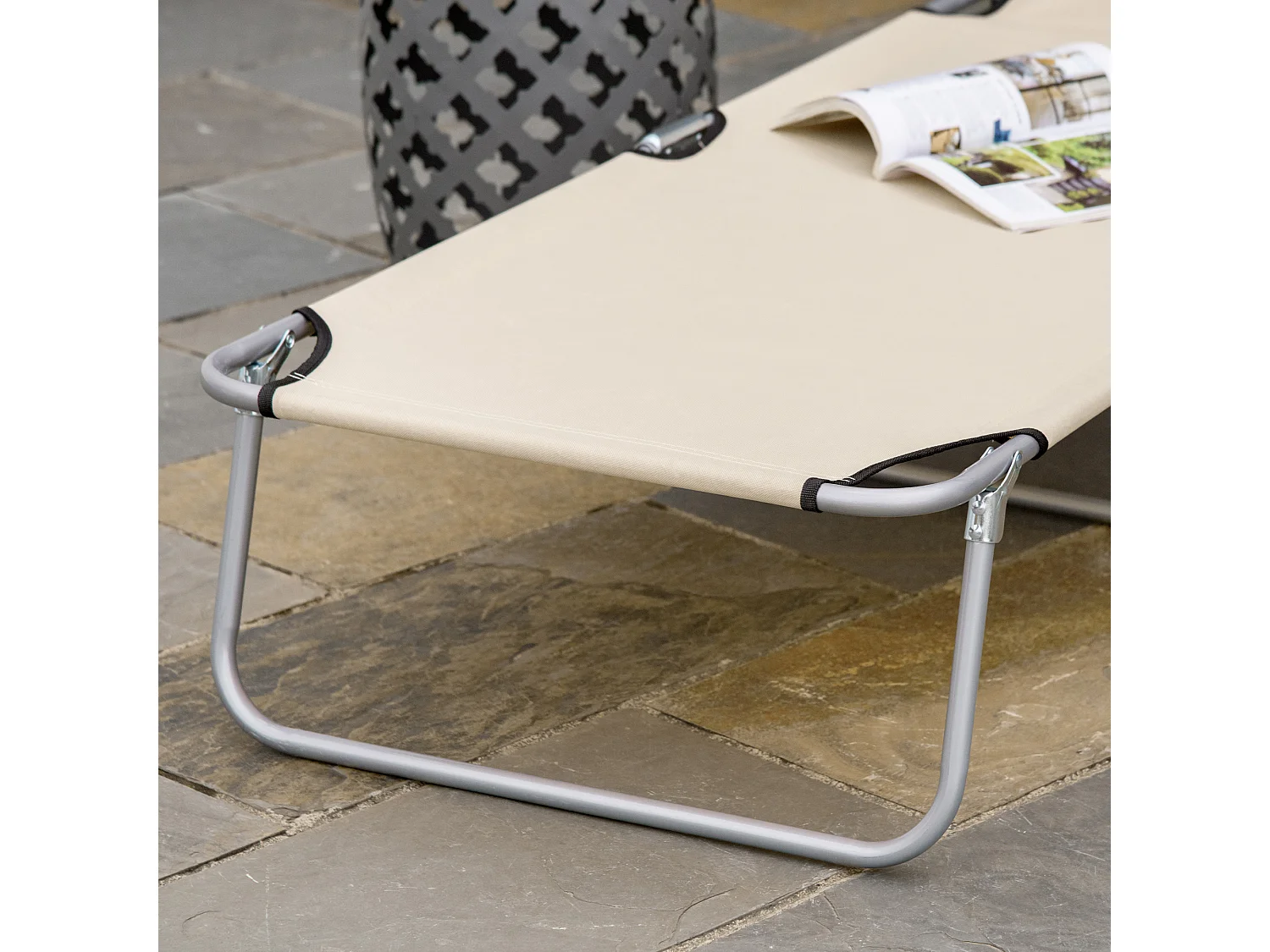 Chaise longue pliable avec pare-soleil, métal, beige (187x58x36cm)