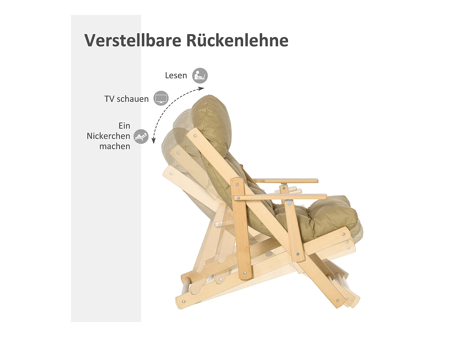 Fauteuil pliable, avec dossier réglable, Lin, Bois de hêtre, Marron (71x89x96 cm)