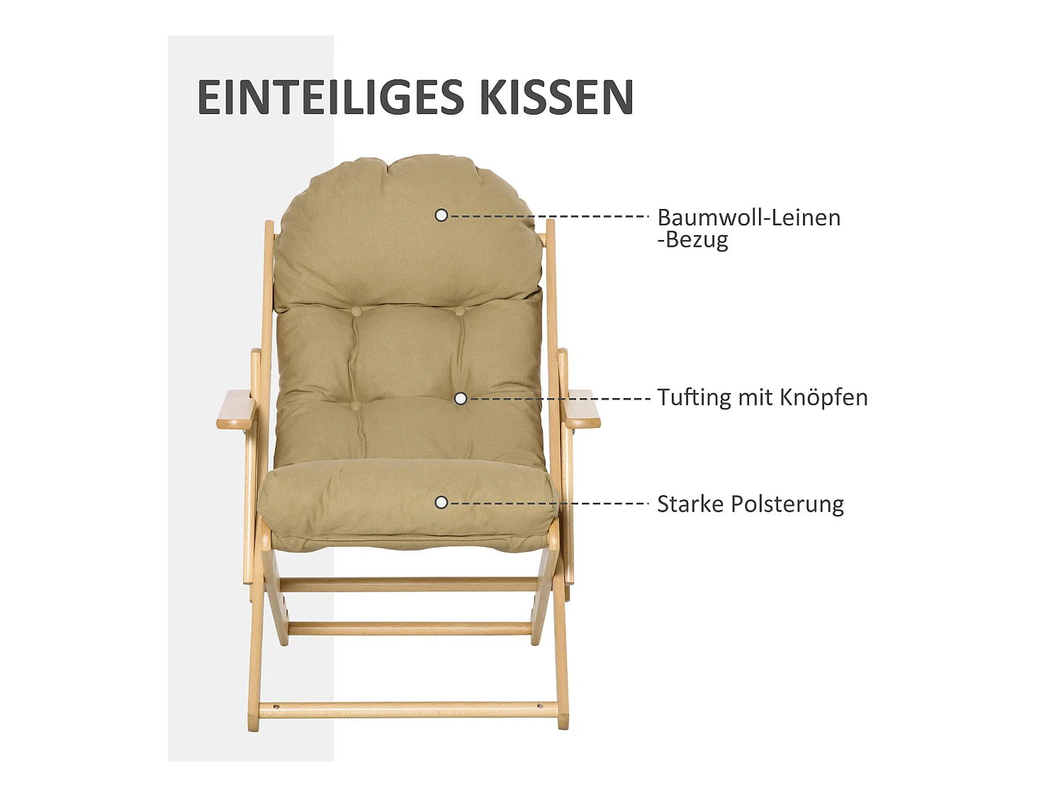 Fauteuil pliable, avec dossier réglable, Lin, Bois de hêtre, Marron (71x89x96 cm)