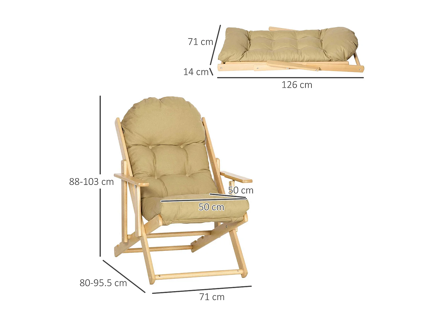 Fauteuil pliable, avec dossier réglable, Lin, Bois de hêtre, Marron (71x89x96 cm)