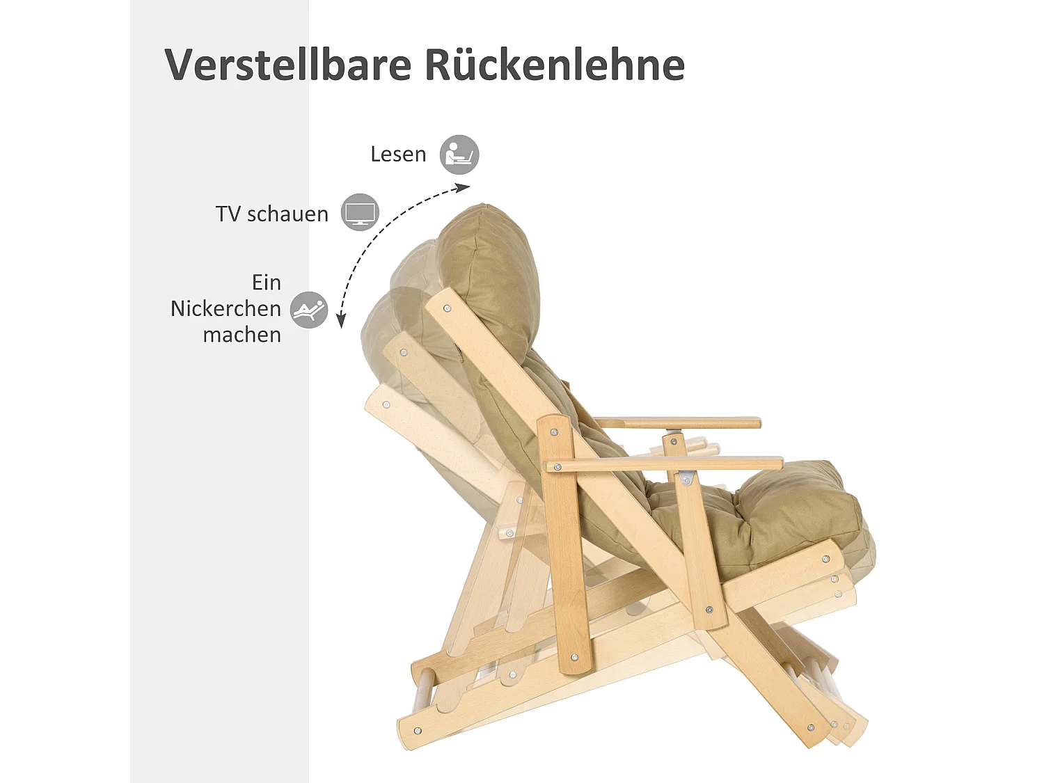 Fauteuil pliable, avec dossier réglable, Lin, Bois de hêtre, Marron (71x89x96 cm)