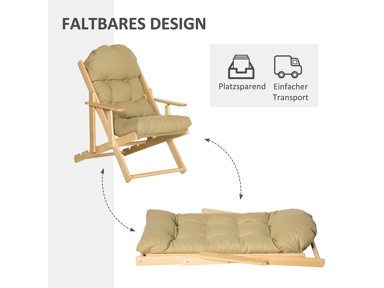 Fauteuil pliable, avec dossier réglable, Lin, Bois de hêtre, Marron (71x89x96 cm)