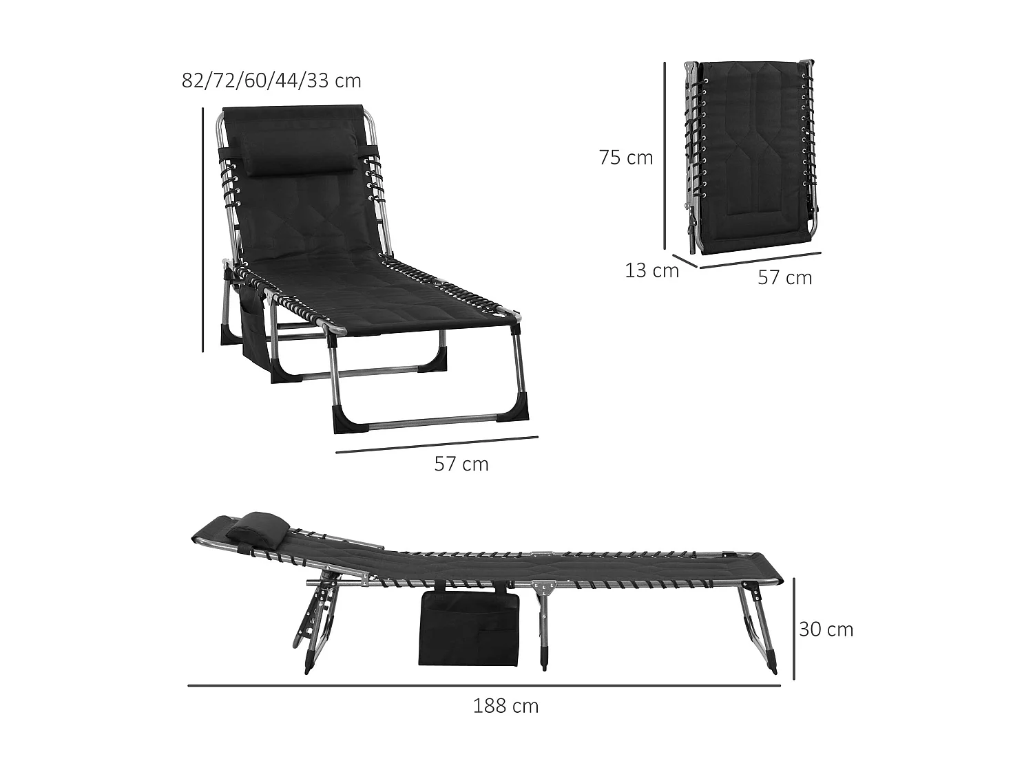 Chaise longue pliable avec coussin, 5 positions réglables, acier, tissu Oxford, noir (188x57x30 cm)