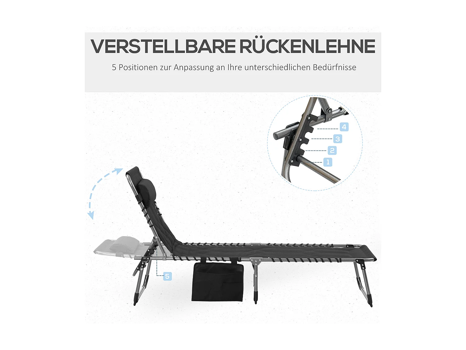 Chaise longue pliable avec coussin, 5 positions réglables, acier, tissu Oxford, noir (188x57x30 cm)