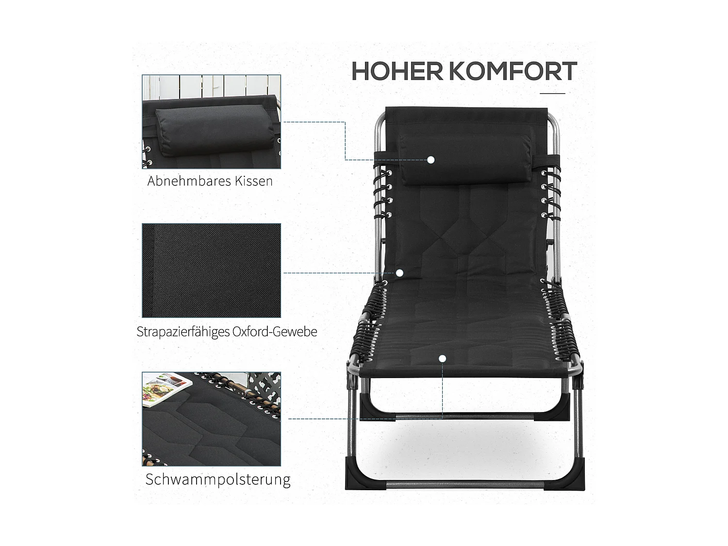 Chaise longue pliable avec coussin, 5 positions réglables, acier, tissu Oxford, noir (188x57x30 cm)