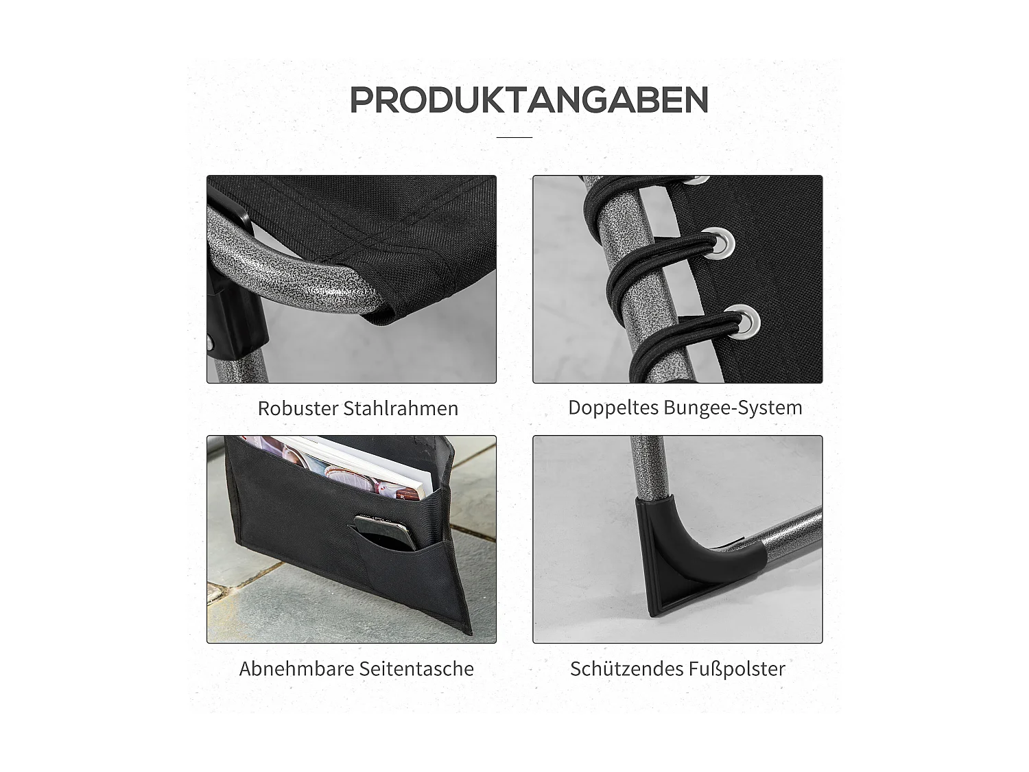 Chaise longue pliable avec coussin, 5 positions réglables, acier, tissu Oxford, noir (188x57x30 cm)