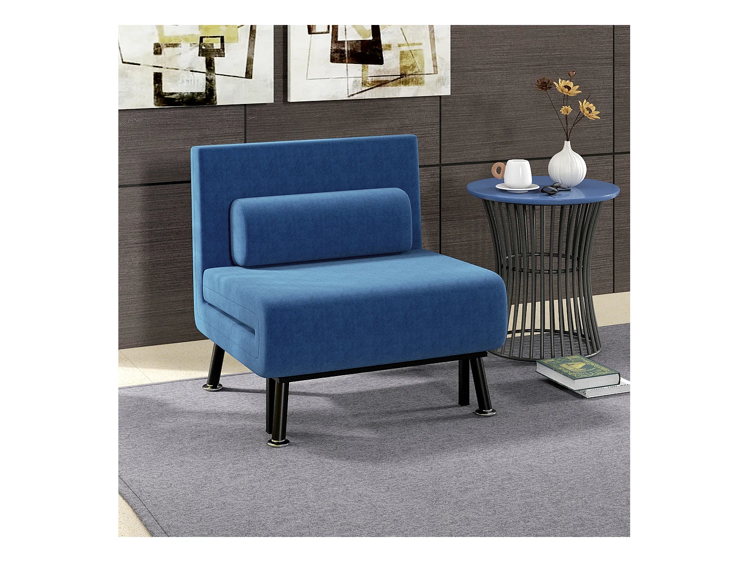 Omvormbare fauteuil met bedfunctie, verstelbare rugleuning, stalen constructie, donkerblauw (75x70x75cm)