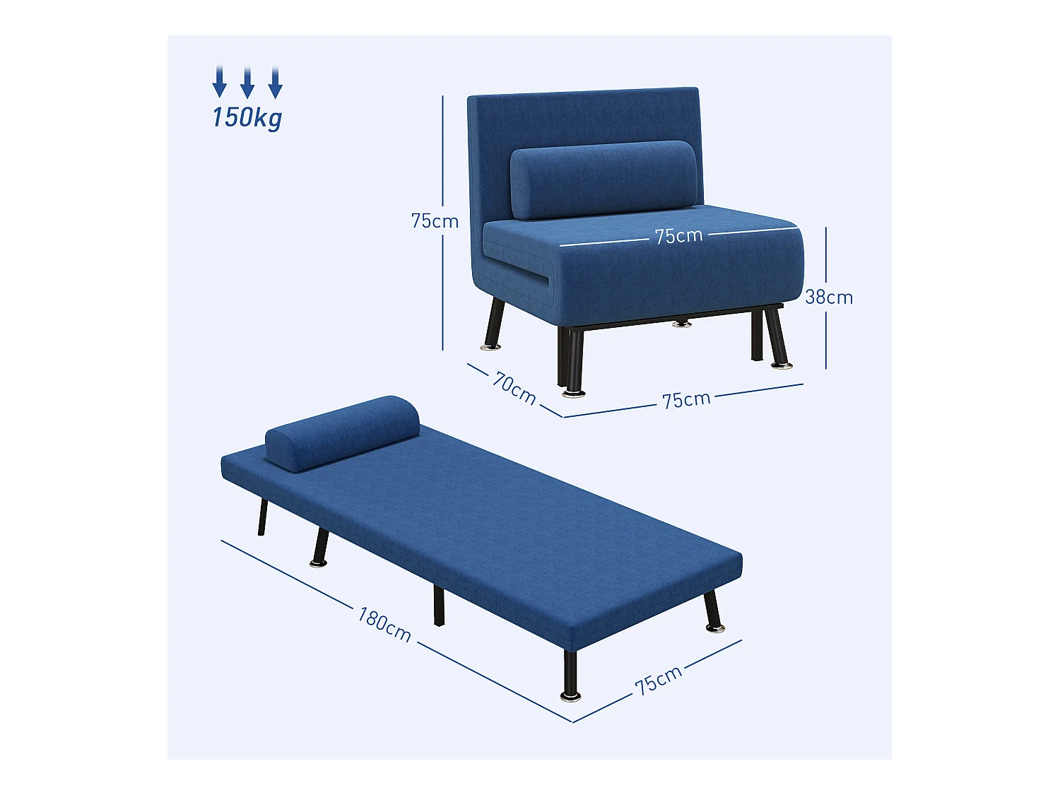 Omvormbare fauteuil met bedfunctie, verstelbare rugleuning, stalen constructie, donkerblauw (75x70x75cm)