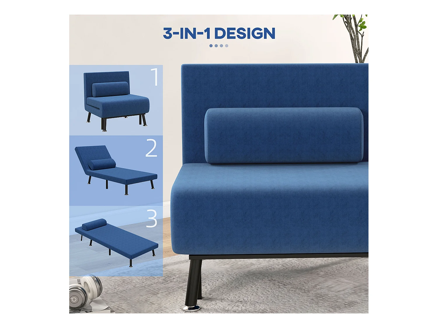 Omvormbare fauteuil met bedfunctie, verstelbare rugleuning, stalen constructie, donkerblauw (75x70x75cm)