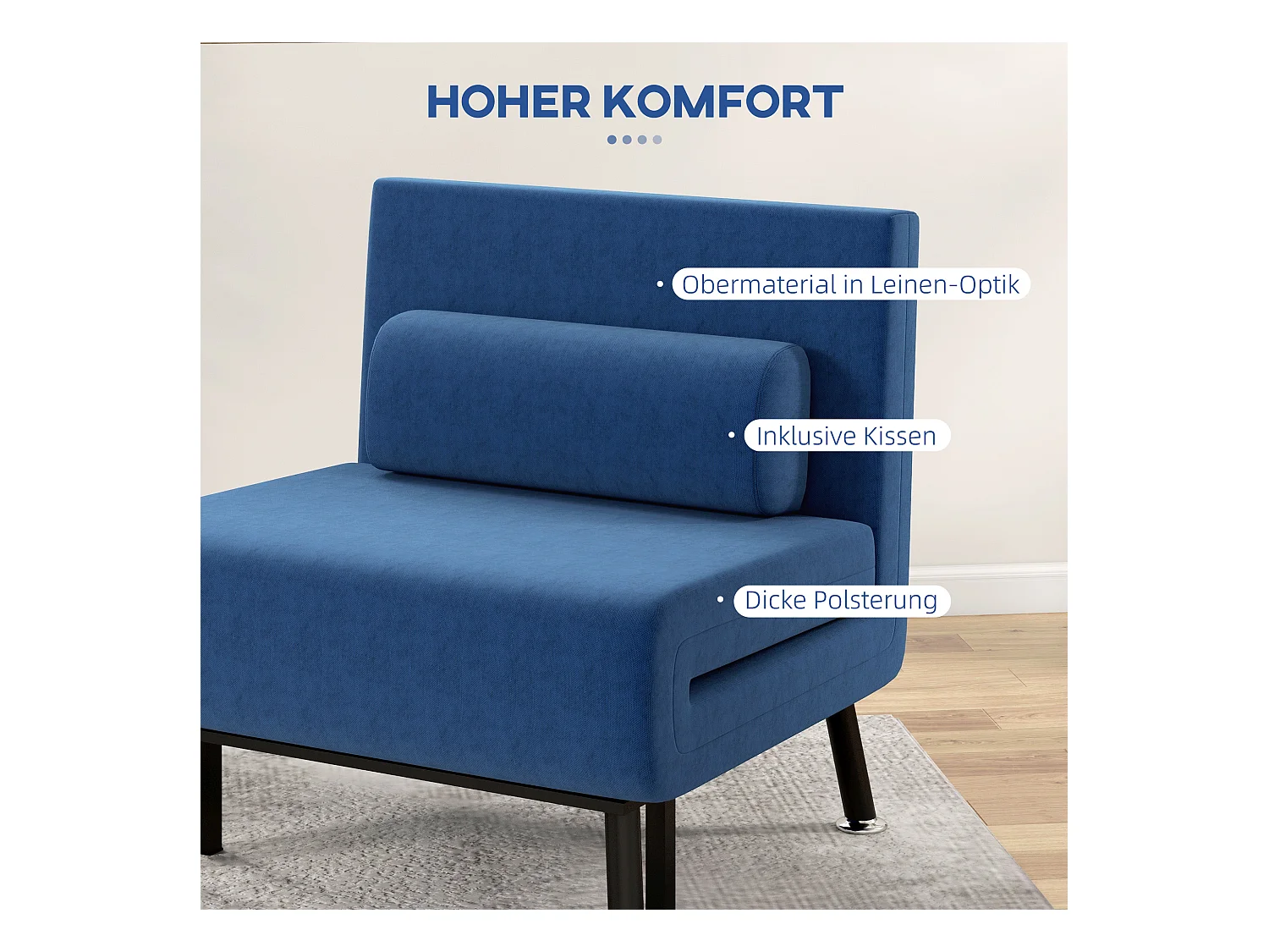Omvormbare fauteuil met bedfunctie, verstelbare rugleuning, stalen constructie, donkerblauw (75x70x75cm)