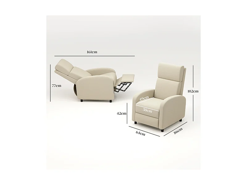 Fauteuil avec fonction inclinable et repose-pieds, polyester, crème (64x86x102cm)