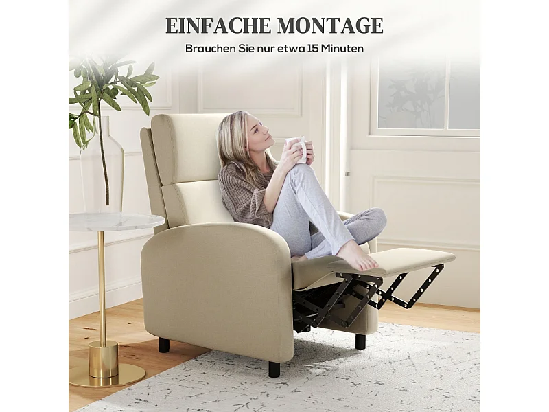 Fauteuil avec fonction inclinable et repose-pieds, polyester, crème (64x86x102cm)