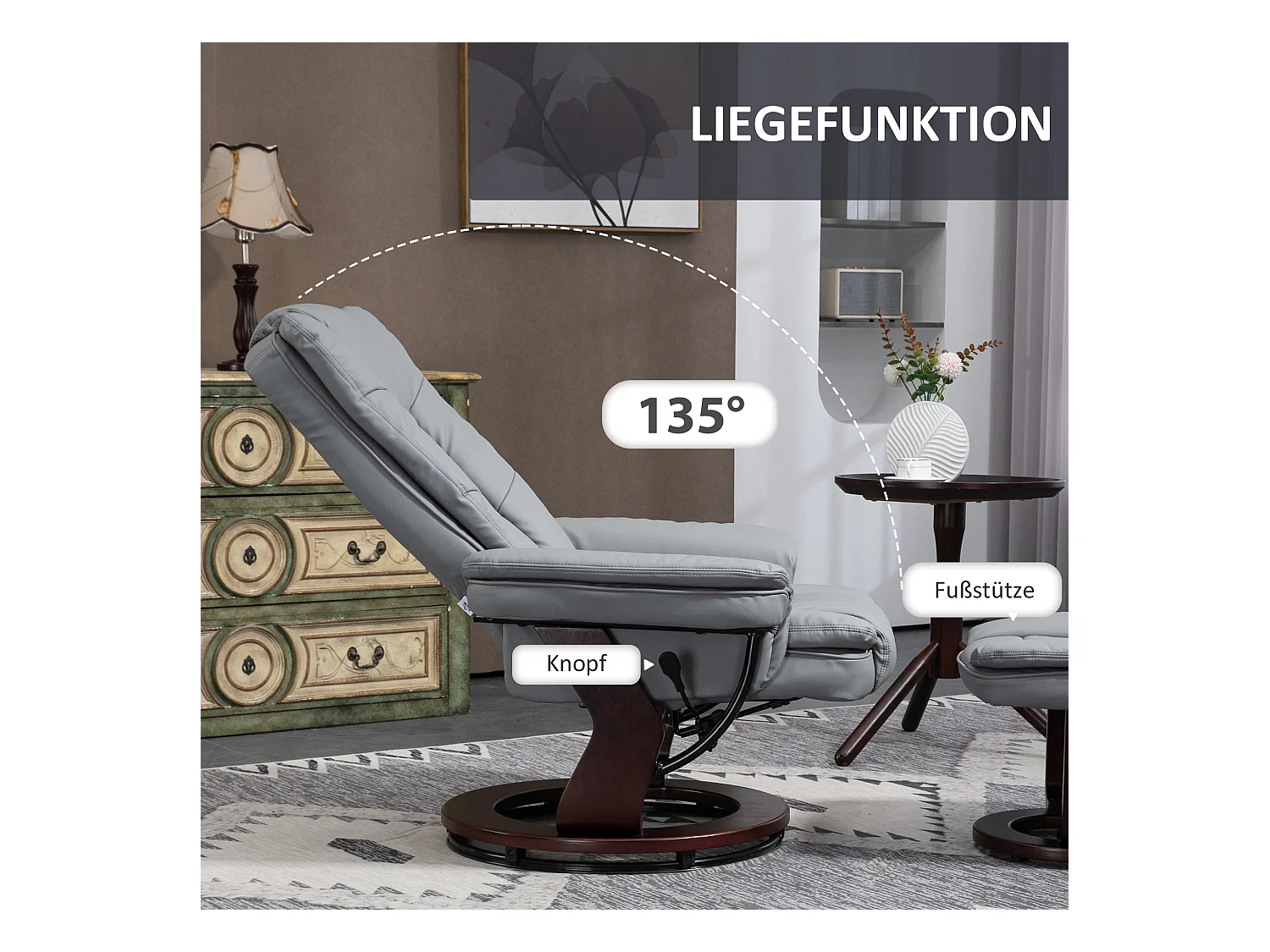 Fauteuil pivotant avec repose-pieds, simili cuir, gris (85x82x106 cm)